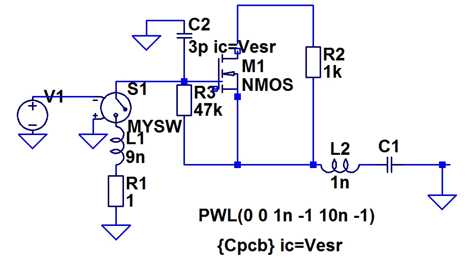 Рисунок 1. Схемотехническая модель воздействия ЭСР на МОП-транзисторы