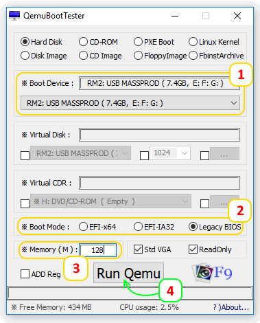 Рисунок 2. Эмулятор QemuBootTester позволяет выбрать загрузочный носитель (1) и режим загрузки (2). Для тестирования загрузчика достаточно 128 Мб (3) виртуальной памяти, а виртуальный жесткий диск можно отключить. Запуск осуществляется кнопкой Run QEMU (4)