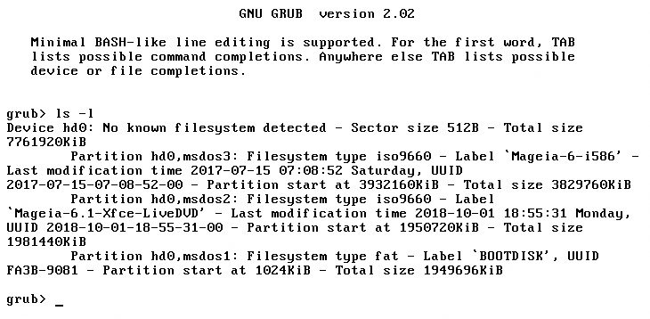Рисунок 3. В командном режиме загрузчика GRUB2 можно проанализировать конфигурацию компьютера и выполнить загрузку операционной системы в аварийном режиме