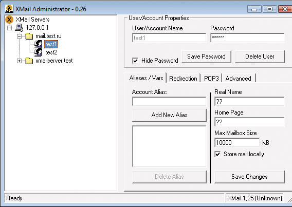 Окно XMail Administrator, запущенное в Windows Vista