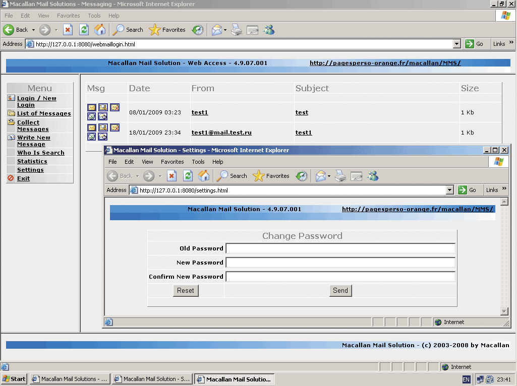 Веб-интерфейс программы Macallan Mail Solution. Окно смены пароля открыто поверх окна со списком отправленных сообщений